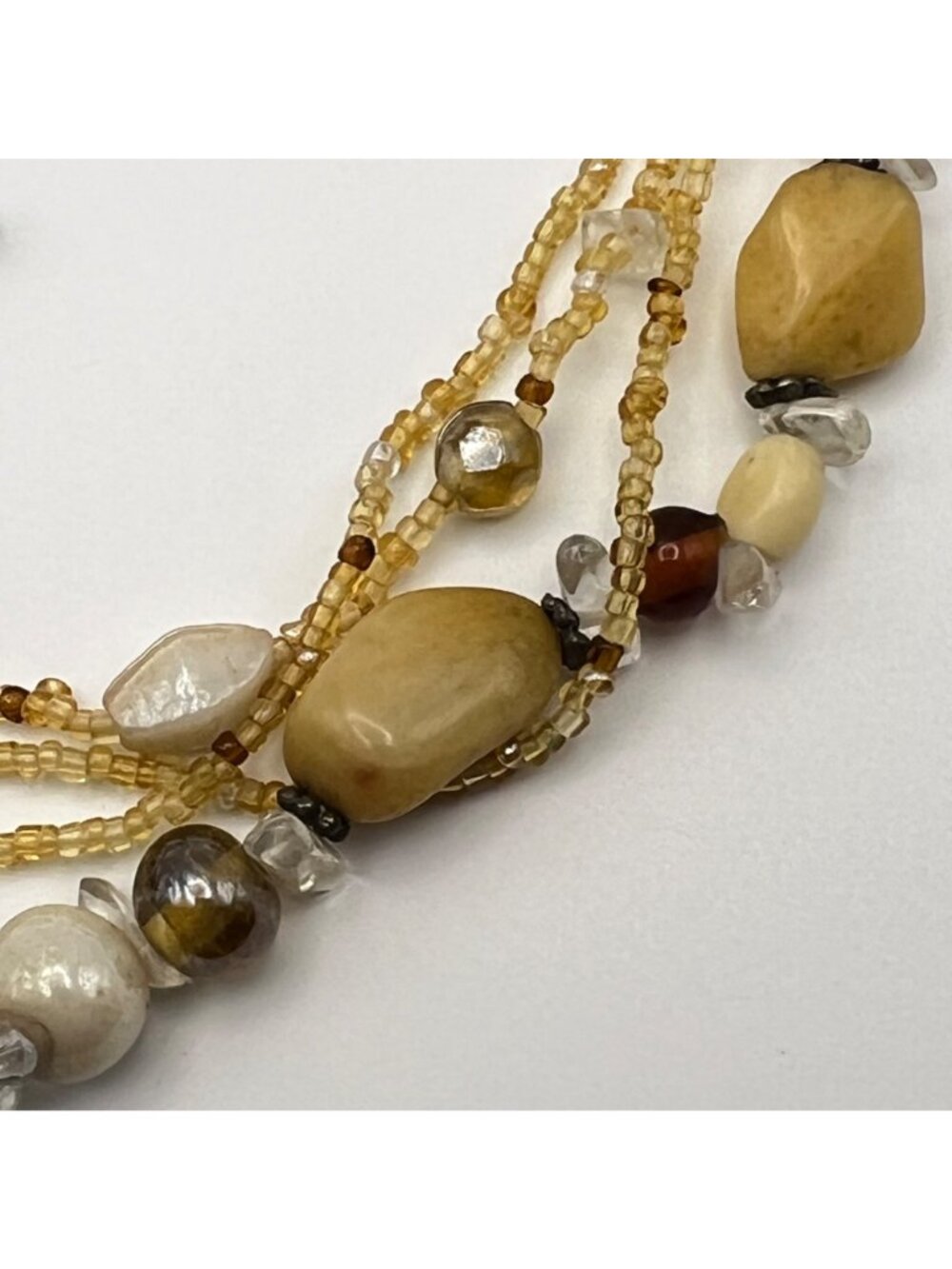 Multi Strand Quartz Glass Bead Necklace  Honey Amber Brown Cream 17-20.25" Boho - Picture 5 of 13